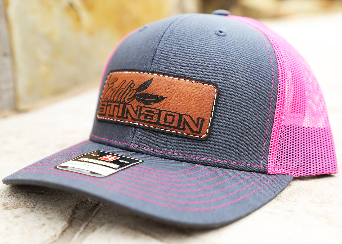 Eddie Stinson - Leather Feather Patch - Charcoal/Neon Pink